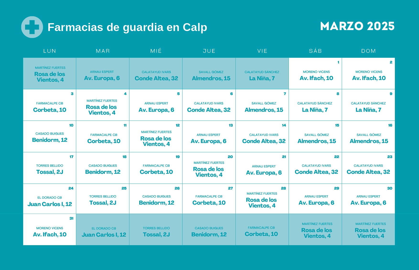 Farmacia de guardia en Calpe - Marzo 2025