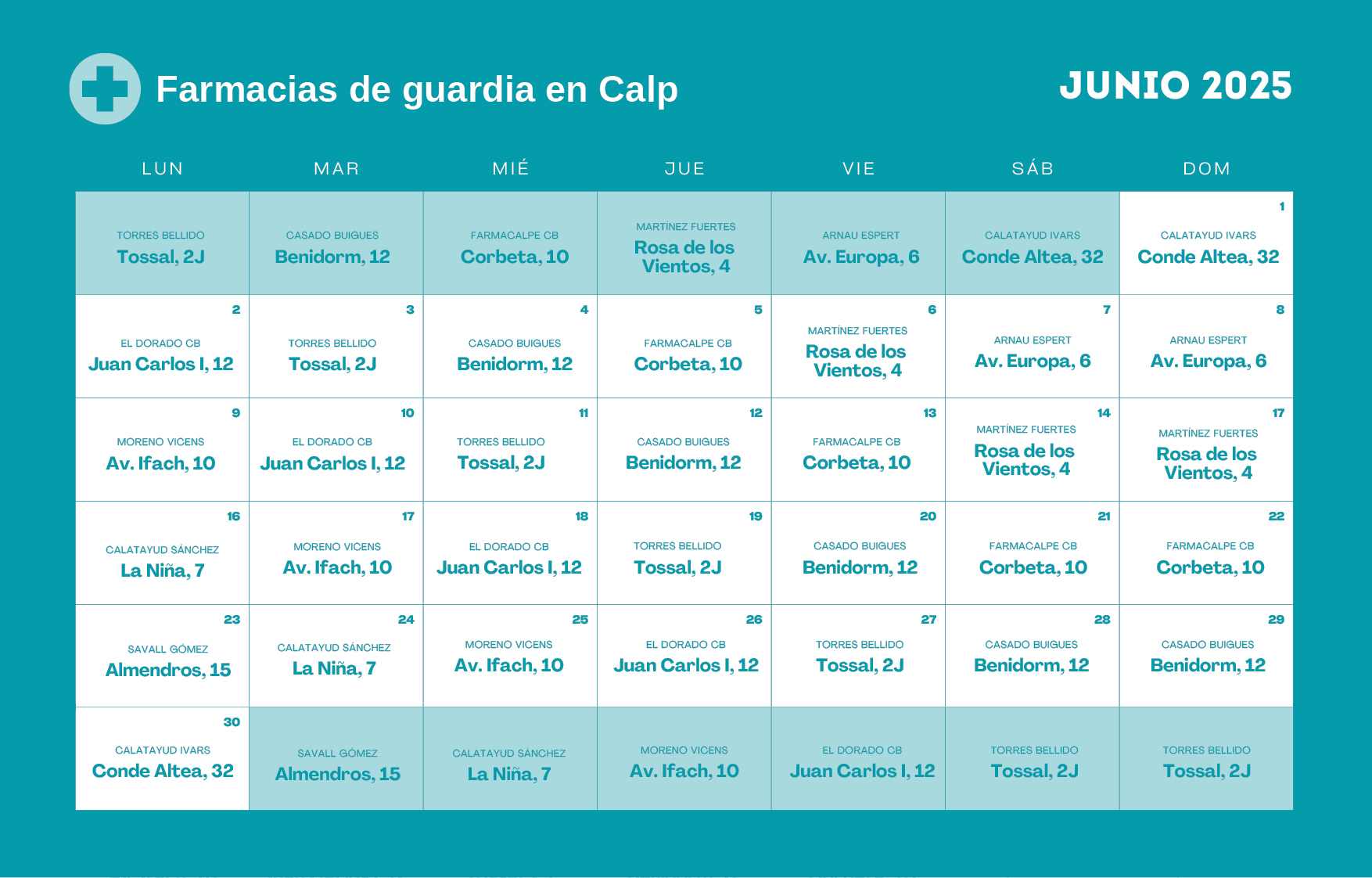 Farmacia de guardia en Calpe - Junio 2025
