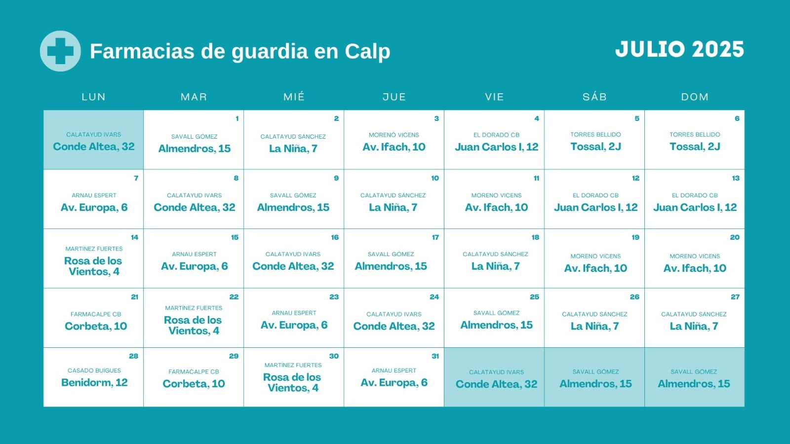 Farmacia de guardia en Calpe - Julio 2025