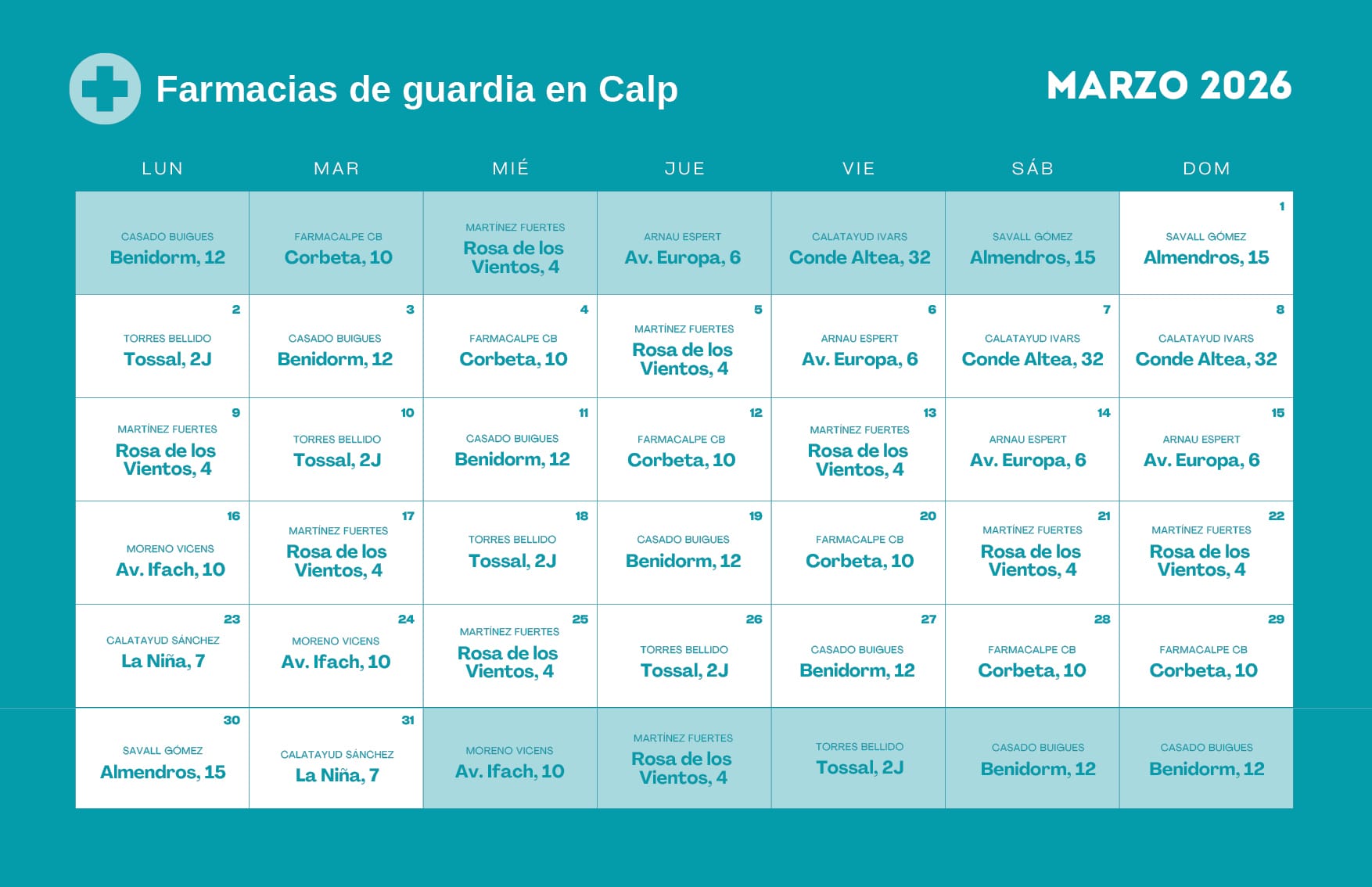 Farmacia de guardia en Calpe - Marzo 2026