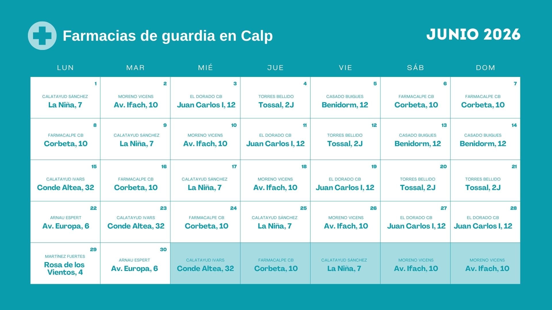 Farmacia de guardia en Calpe - Junio 2026