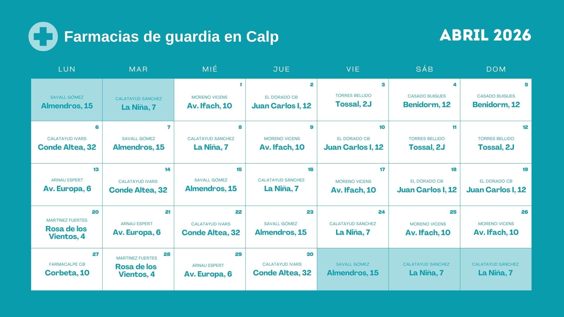 Farmacia de guardia en Calpe - Abril 2026