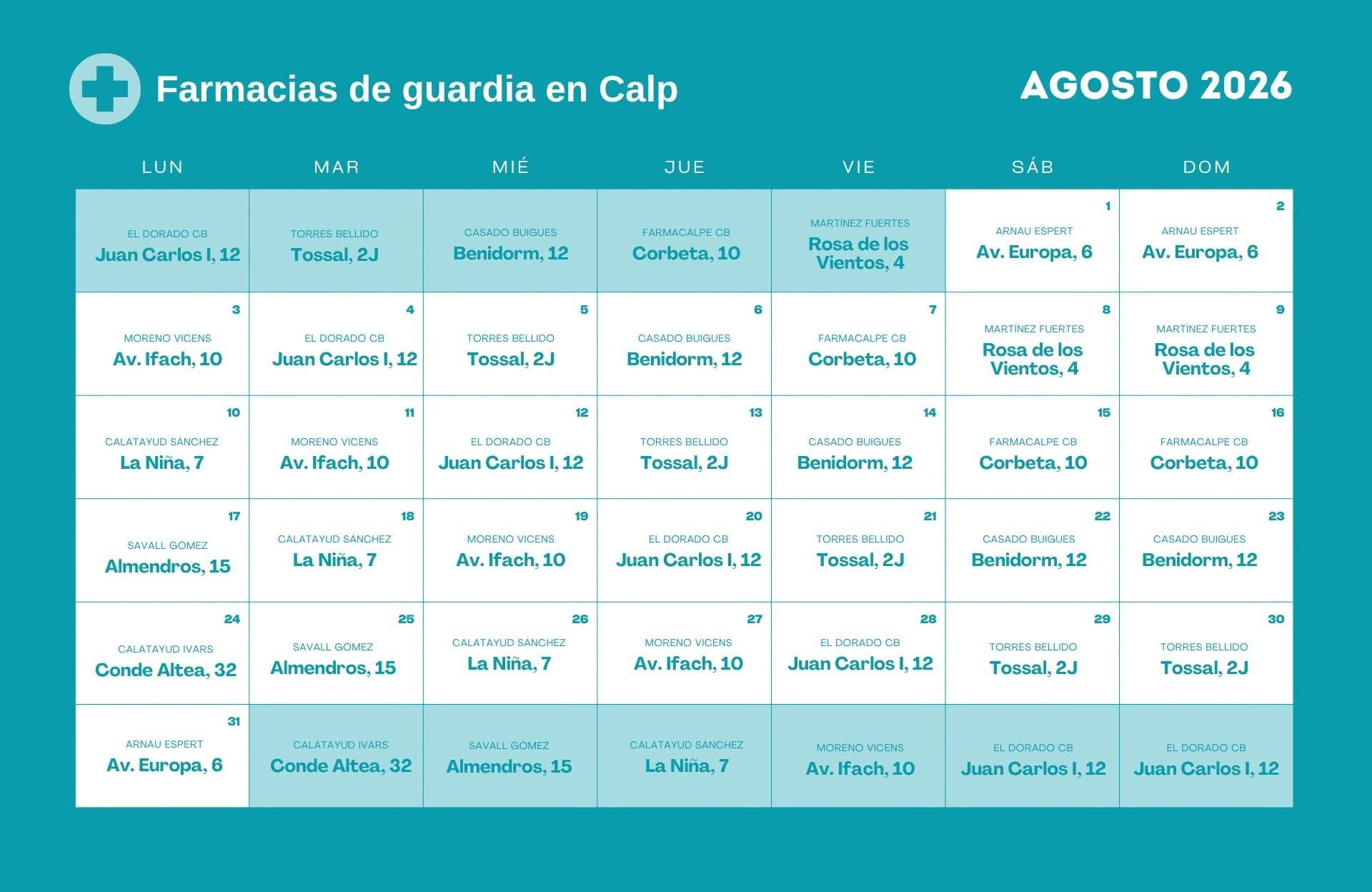 Farmacia de guardia en Calpe - Agosto 2026