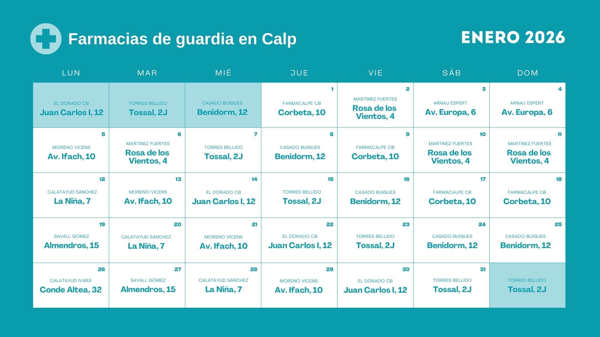 Farmacia de guardia en Calpe - Enero 2026