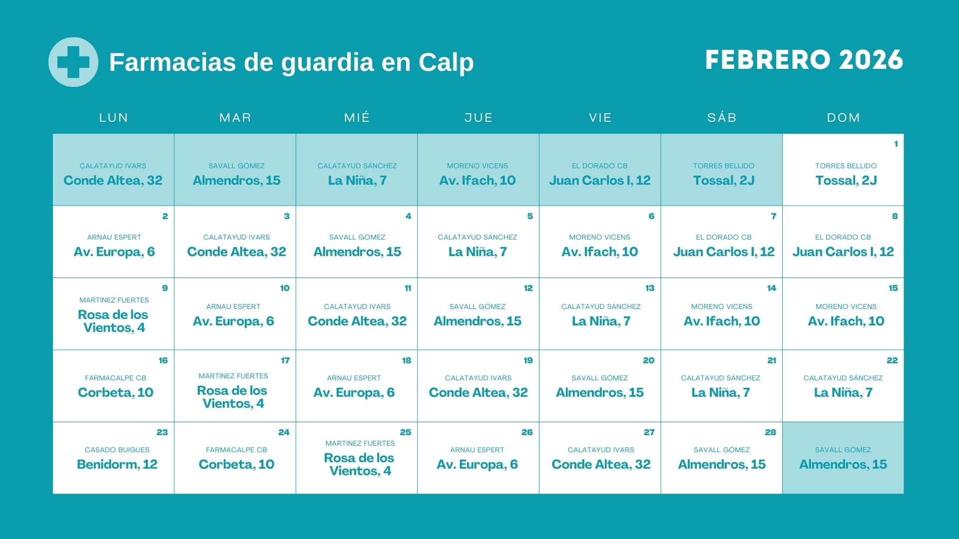 Farmacia de guardia en Calpe - Febrero 2026