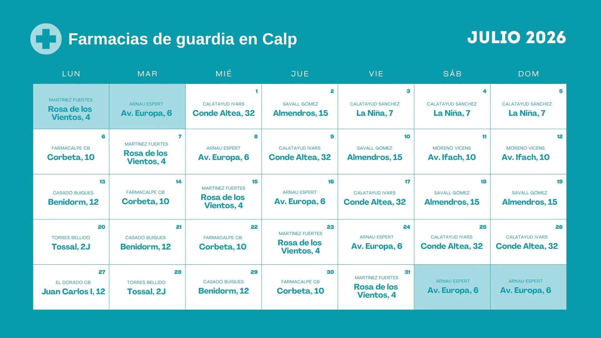 Farmacia de guardia en Calpe - Julio 2026