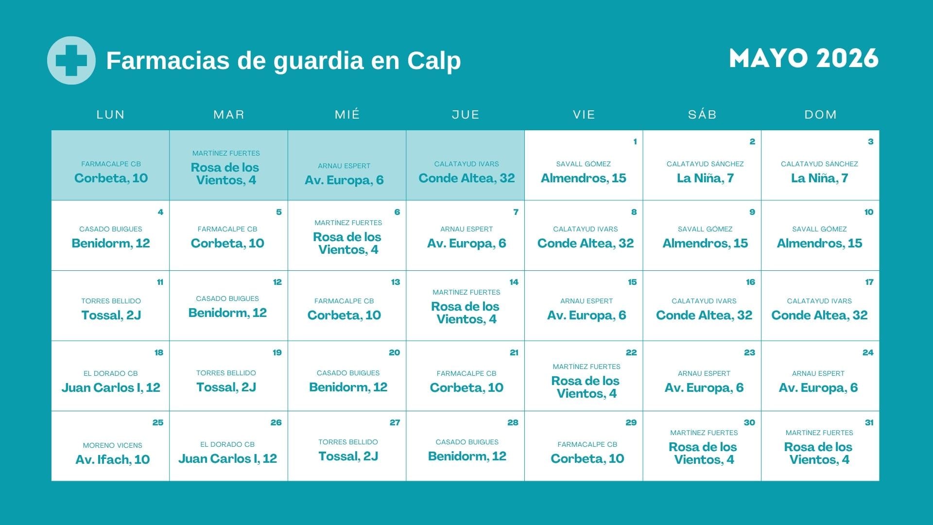 Farmacia de guardia en Calpe - Mayo 2026