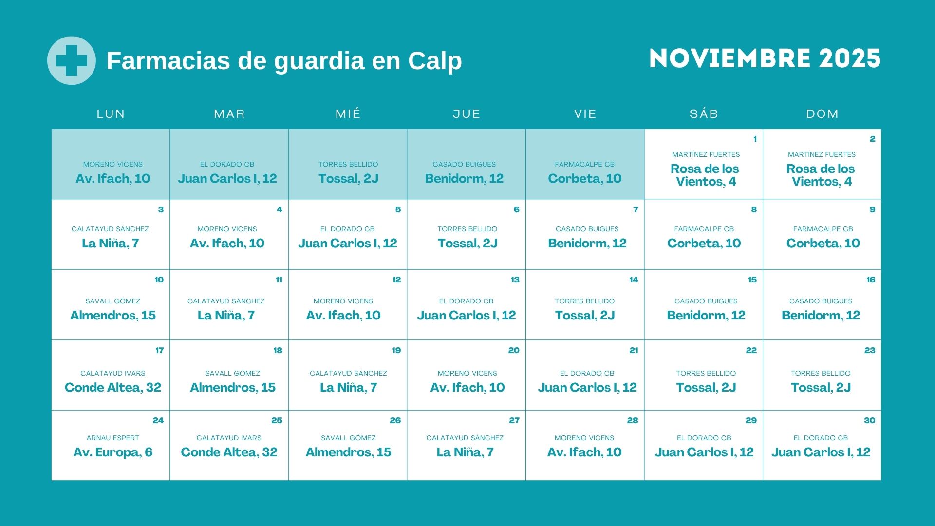 Farmacia de guardia en Calpe - Noviembre 2025