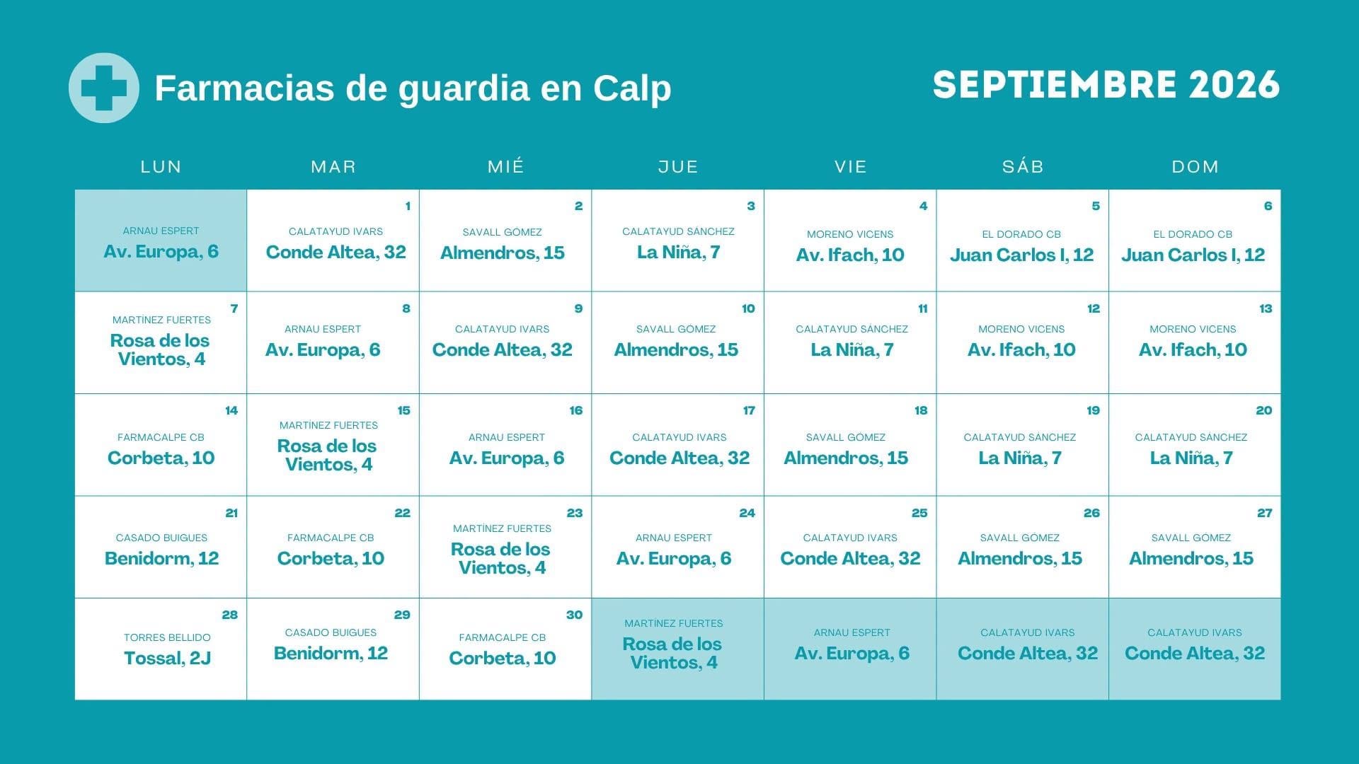 Farmacia de guardia en Calpe - Septiembre 2026