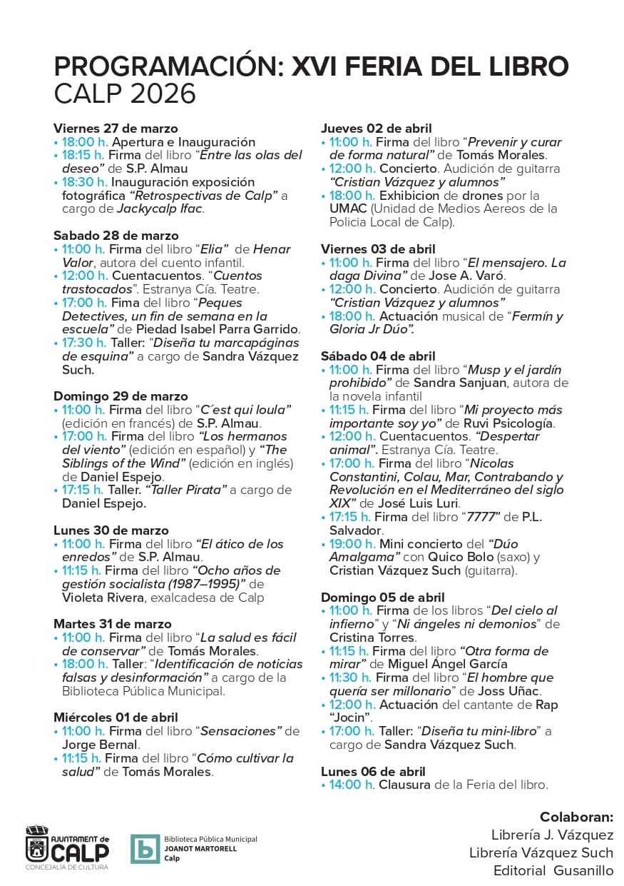 Programación XVI Feria del Libro 2026 en Calpe 1 Programación XVI Feria del Libro 2026 en Calpe