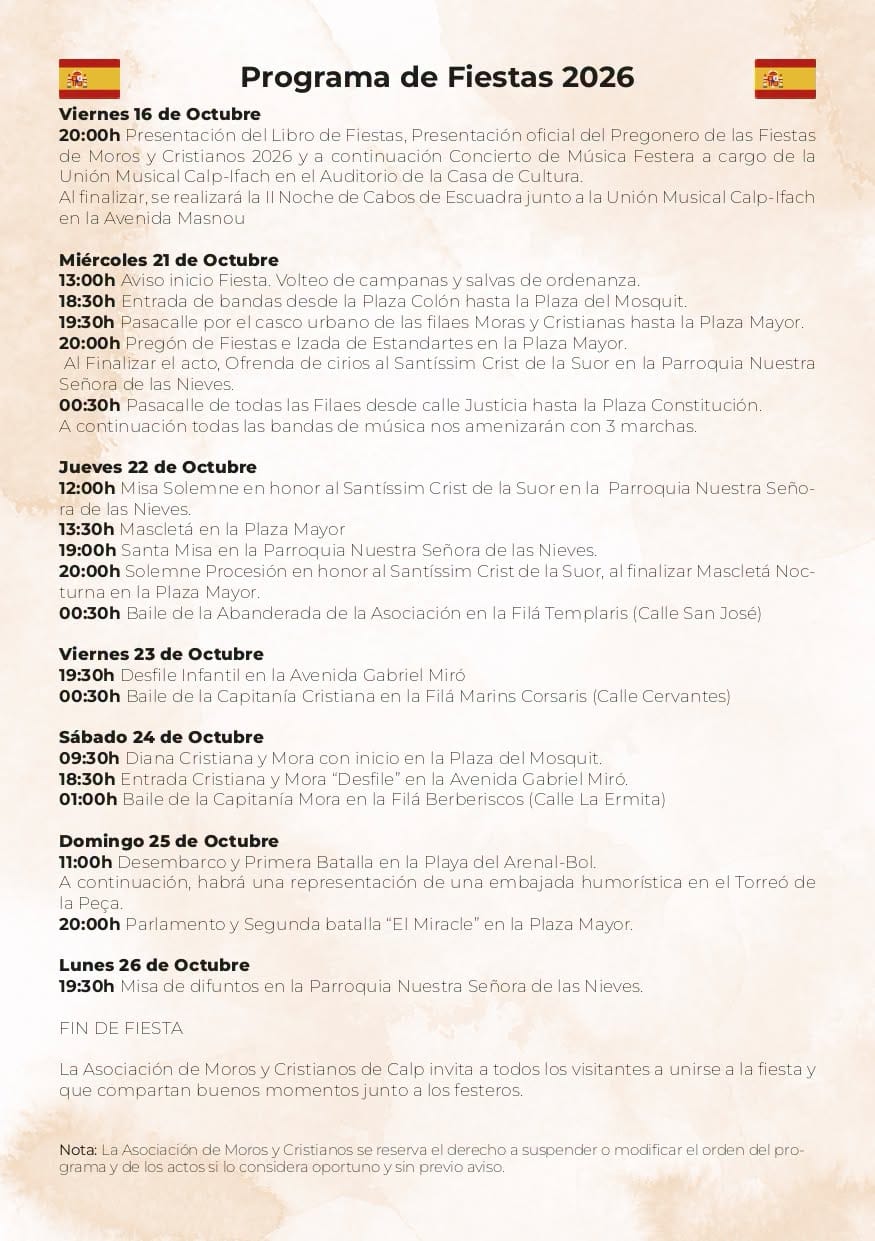 Programación Moros y Cristianos 2026 Calpe - Español